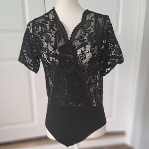 Avid love Women's Black One Piece Sexy Deep V neck Bodysuit with  Sz Large  NWT